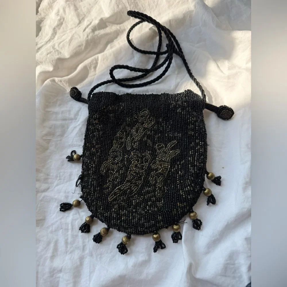 1920s Style Vintage Christiana Silk Beaded Bag with Matching Mirror